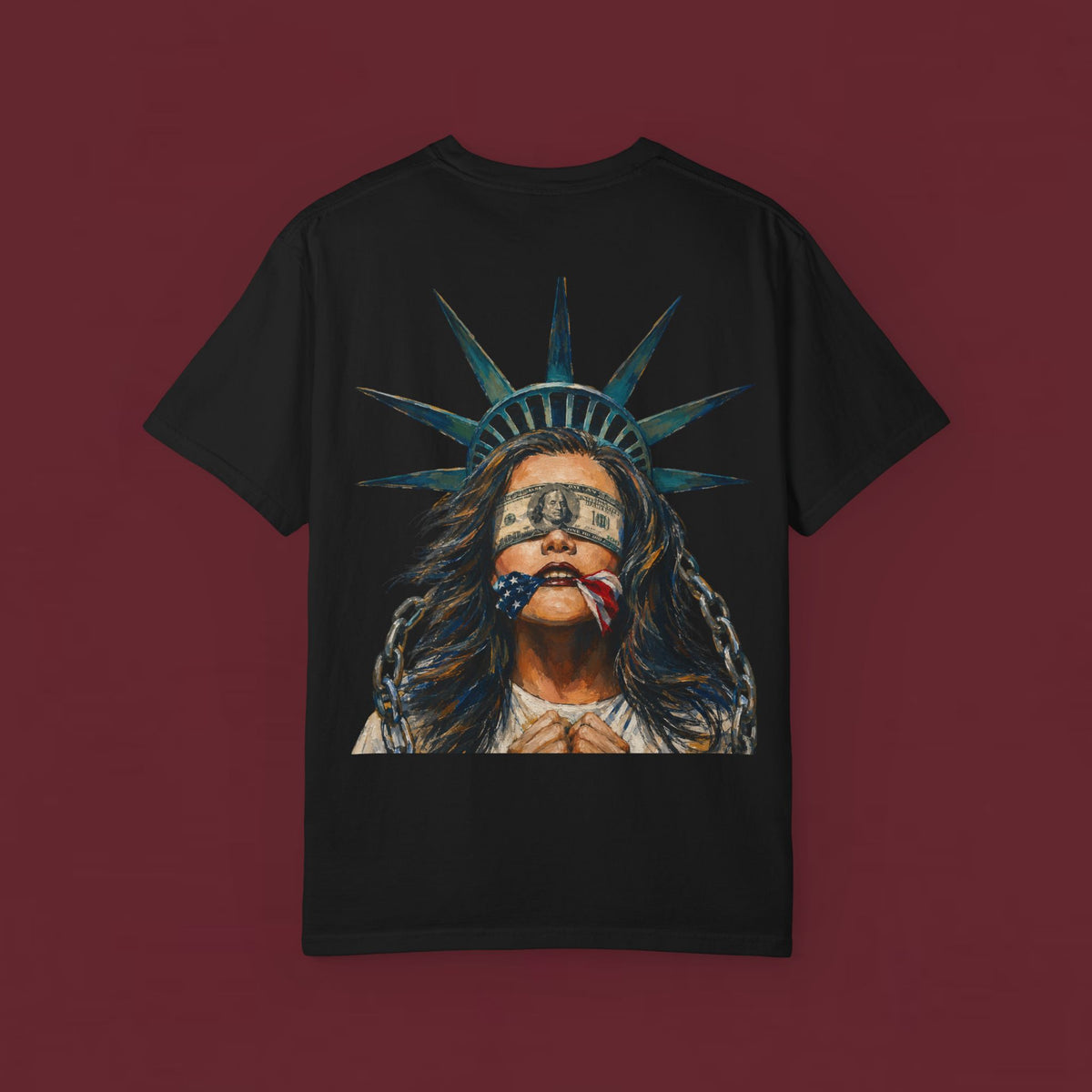 Liberty Bound Graphic T‑Shirt — Statue of Liberty Blindfolded Patriotic Art Tee