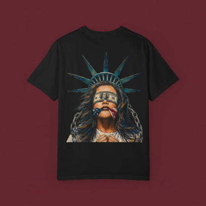 Liberty Bound Graphic T‑Shirt — Statue of Liberty Blindfolded Patriotic Art Tee