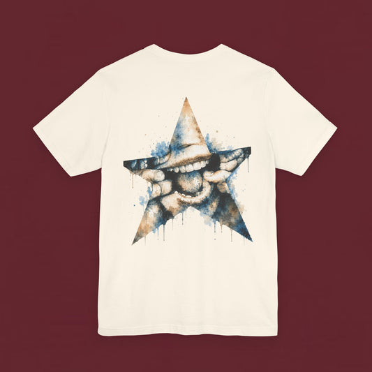 Starry Grin Graphic Tee — Watercolor Smiling Star Back Print