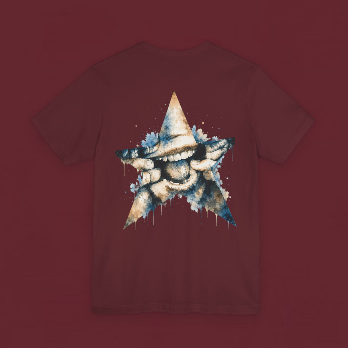 Starry Grin Graphic Tee — Watercolor Smiling Star Back Print