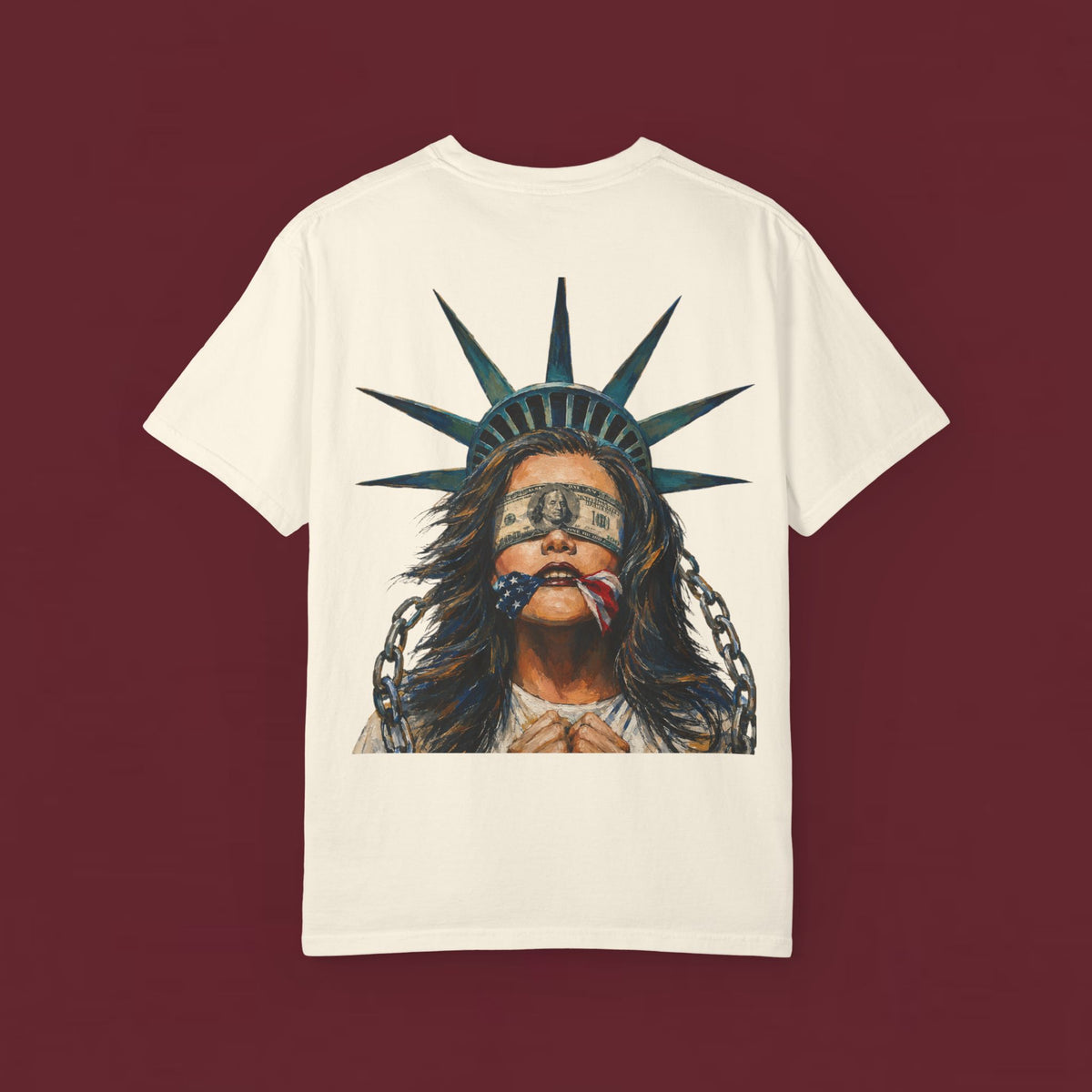 Liberty Bound Graphic T‑Shirt — Statue of Liberty Blindfolded Patriotic Art Tee