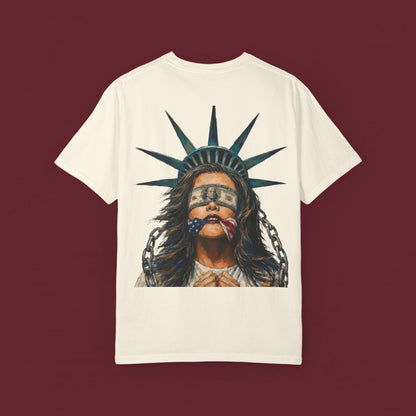 Liberty Bound Graphic T‑Shirt — Statue of Liberty Blindfolded Patriotic Art Tee