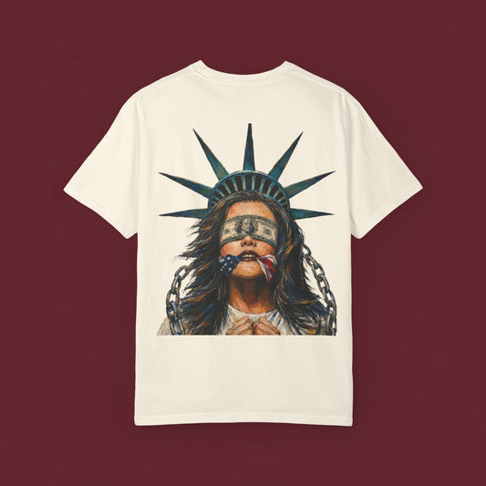Liberty Bound Graphic T‑Shirt — Statue of Liberty Blindfolded Patriotic Art Tee