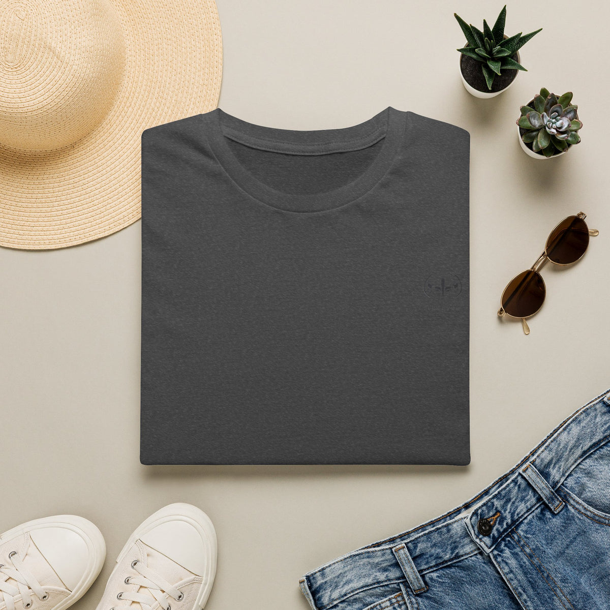Minimalist Tiny Logo T-Shirt — Neutral Casual Tee with Small Chest Emblem