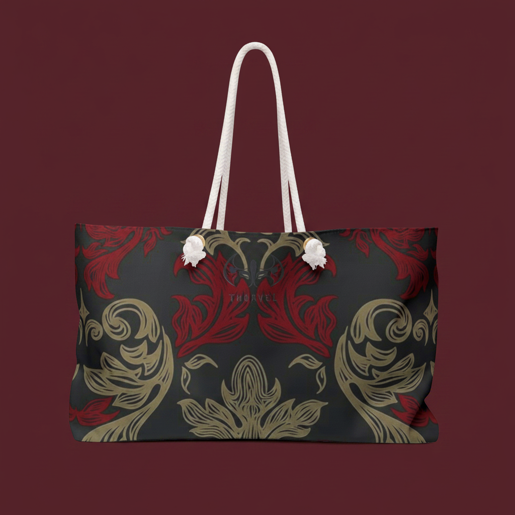 Baroque Floral Weekender Bag on dark wine red background