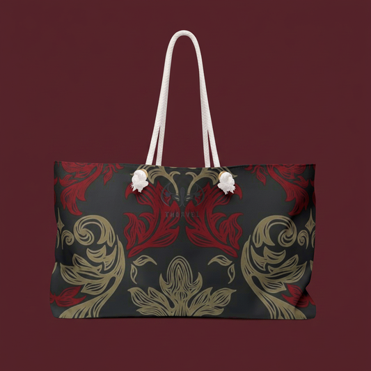 Baroque Floral Weekender Bag on dark wine red background